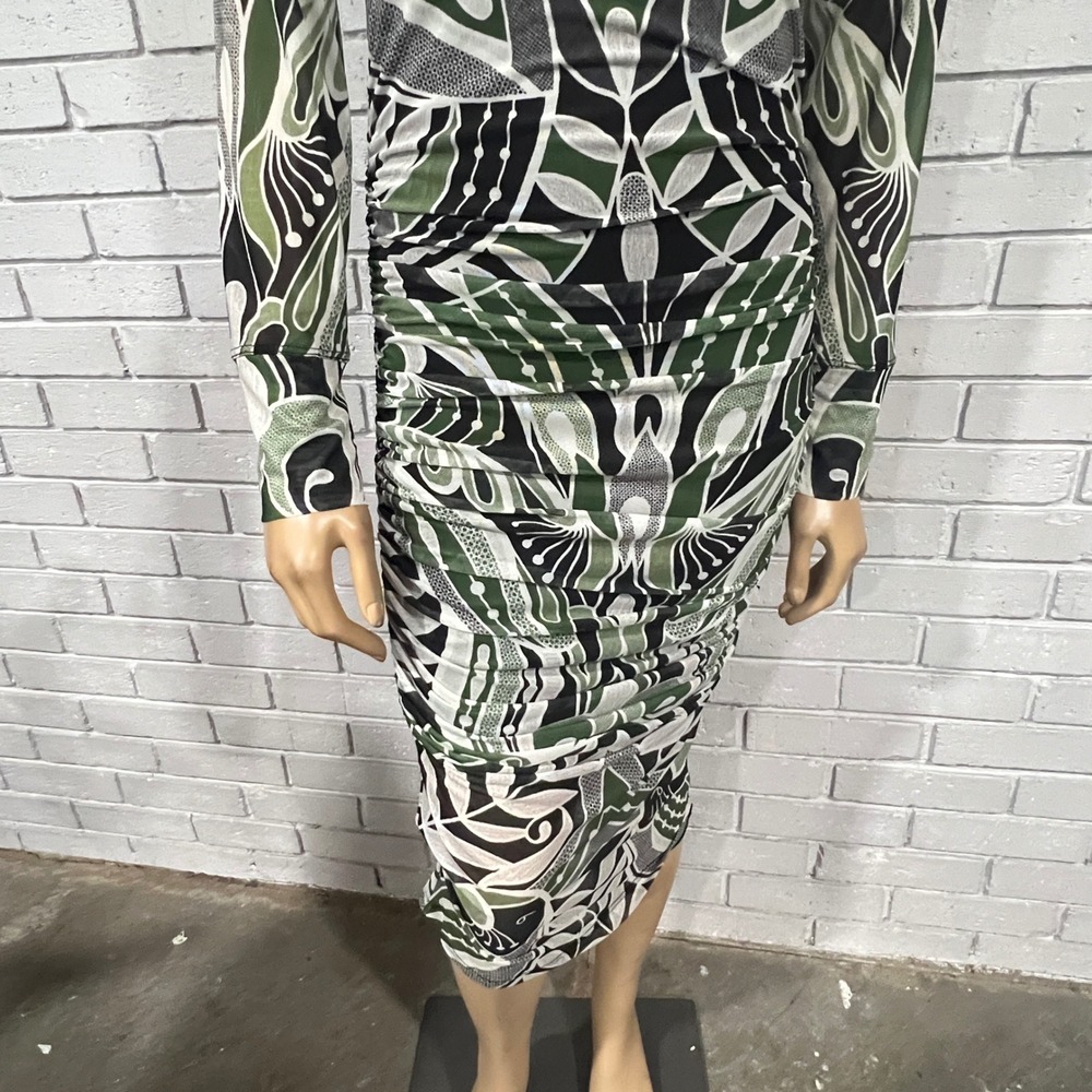 Farm Rio Green Lace Nature Tulle Botanical Geometric Mock Neck Midi Dress | M - Picture 3 of 11